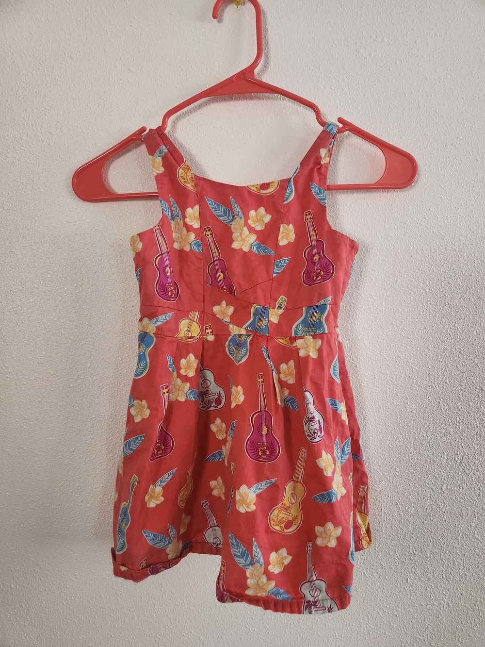 Girls Coral Red Guitar & Floral Sleeveless Dress
